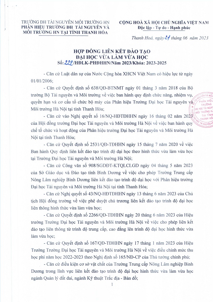 Hợp đồng liên kết đào tạo với Phân hiệu Trường ĐH TN&MT Hà Nội tại Thanh Hóa